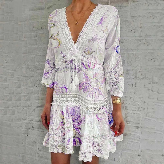 2024 Summer Sexy Hollow Out Print Vintage Dress Women Elegant Long Sleeve A-Line Dresses Fashion Deep V Neck Party Dress Vestido