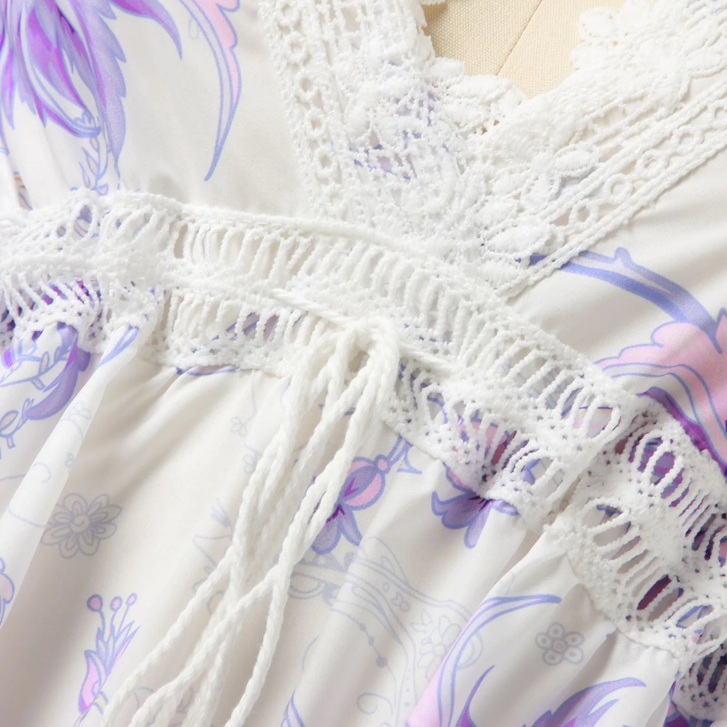 2024 Summer Sexy Hollow Out Print Vintage Dress Women Elegant Long Sleeve A-Line Dresses Fashion Deep V Neck Party Dress Vestido