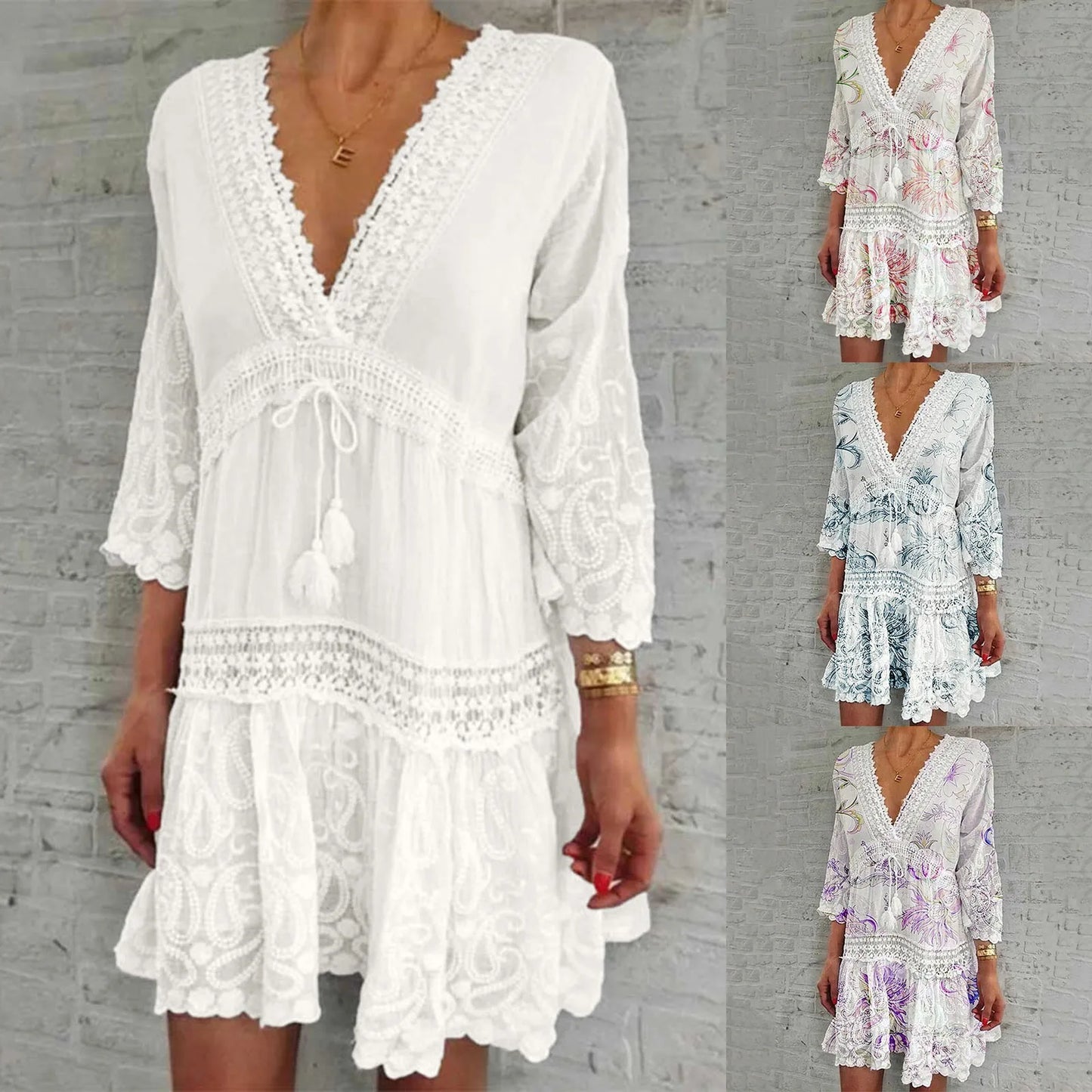 2024 Summer Sexy Hollow Out Print Vintage Dress Women Elegant Long Sleeve A-Line Dresses Fashion Deep V Neck Party Dress Vestido
