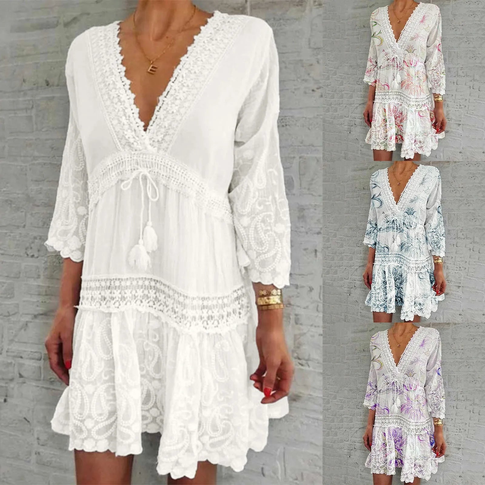 2024 Summer Sexy Hollow Out Print Vintage Dress Women Elegant Long Sleeve A-Line Dresses Fashion Deep V Neck Party Dress Vestido